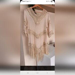 Elegant Cream Crochet Fringe Swim Coverup